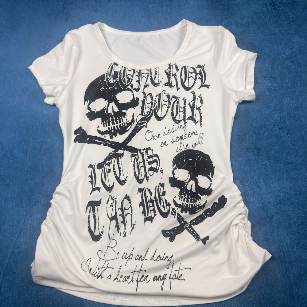 Y2K Skull Crossbones Graphic Tee Womens S Ruched Sides